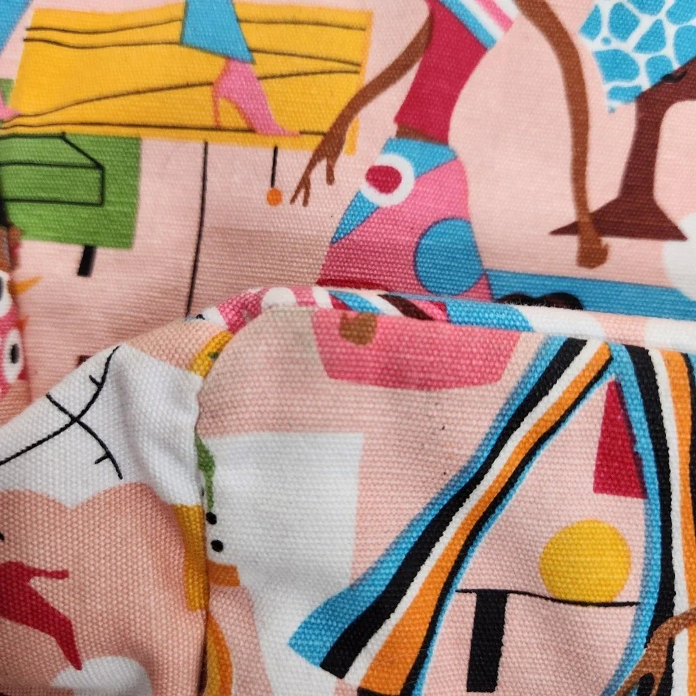 NEIMAN‎ MARCUS Tote Bag Womens Large Pink Canvas Bamboo Handle Cartoon People